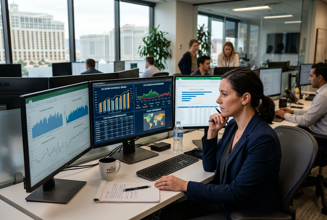 Gaming expert reviewing casino data and statistics on office monitors